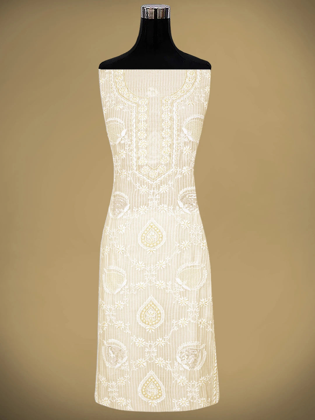 Ada Hand Embroidered White Ivory Cream Chanderi Lucknowi Chikankari Kurta Dupatta Set with Sequinned & Cutdana Work 01A897562