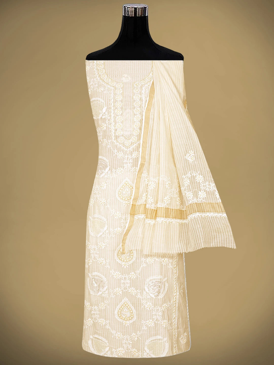 Ada Hand Embroidered White Ivory Cream Chanderi Lucknowi Chikankari Kurta Dupatta Set with Sequinned & Cutdana Work 01A897562