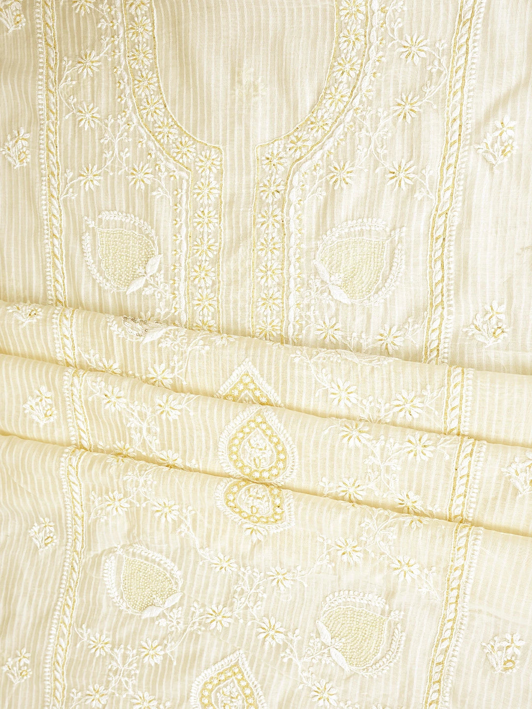 Ada Hand Embroidered White Ivory Cream Chanderi Lucknowi Chikankari Kurta Dupatta Set with Sequinned & Cutdana Work 01A897562