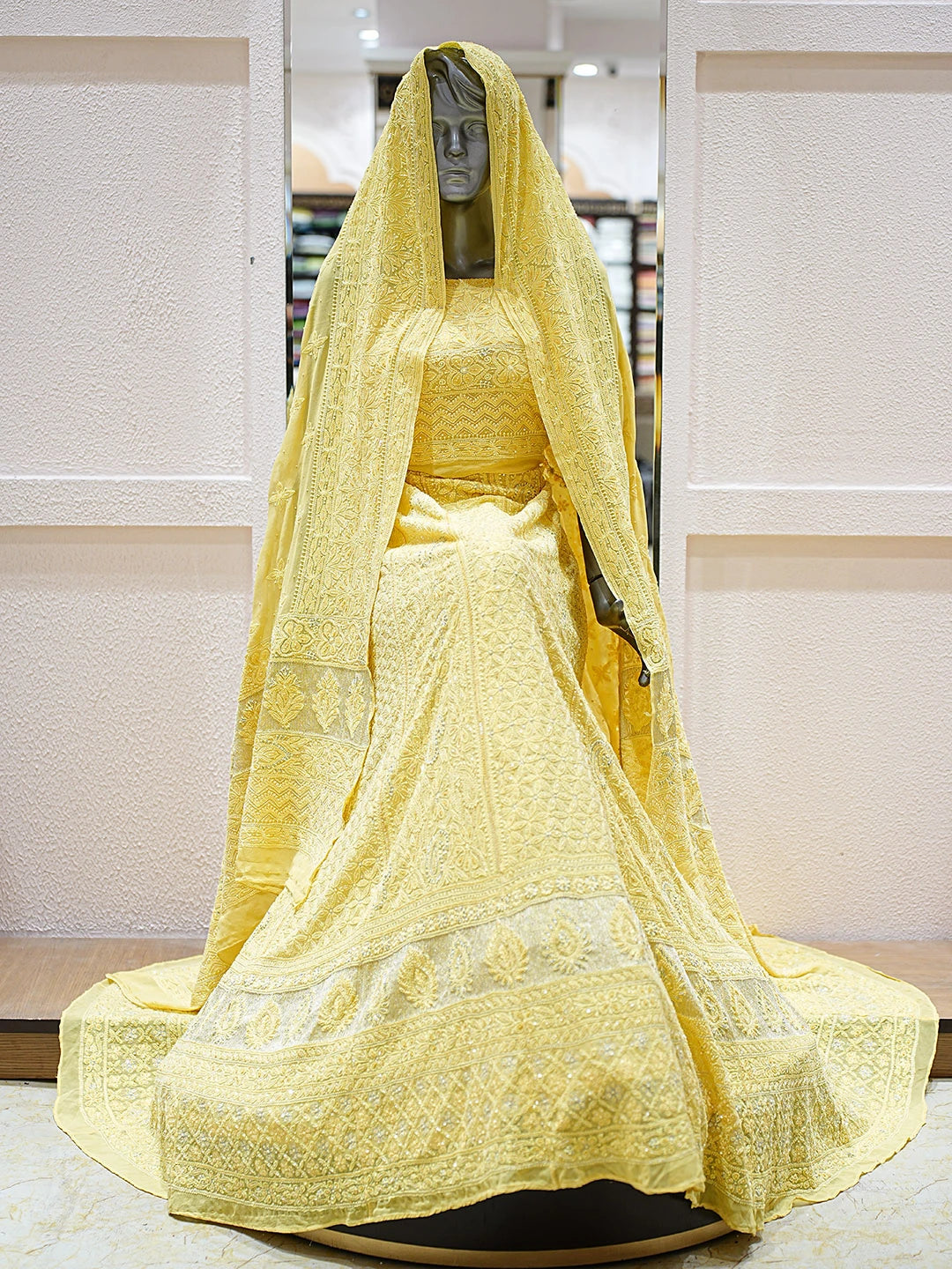 Ada Hand Embroidered Golden Pollen Yellow Pure Georgette Lucknowi Chikankari Semi-Stitched Lehenga Set With Sequinned Work 01A858873