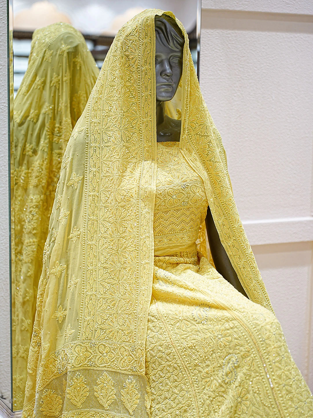 Ada Hand Embroidered Golden Pollen Yellow Pure Georgette Lucknowi Chikankari Semi-Stitched Lehenga Set With Sequinned Work 01A858873