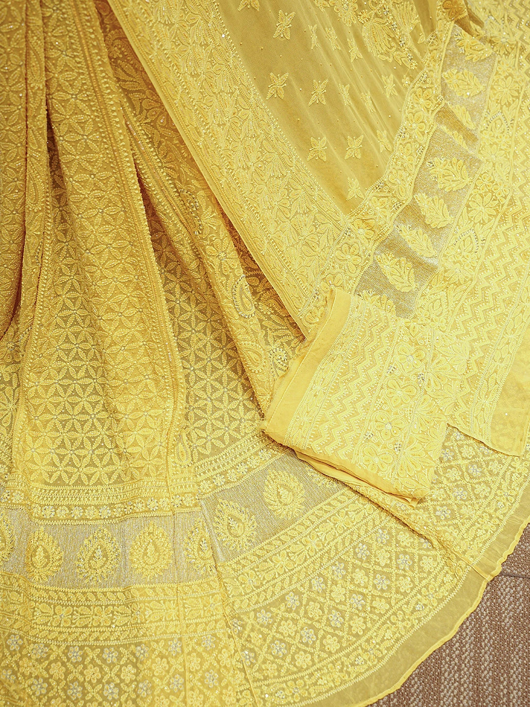Ada Hand Embroidered Golden Pollen Yellow Pure Georgette Lucknowi Chikankari Semi-Stitched Lehenga Set With Sequinned Work 01A858873