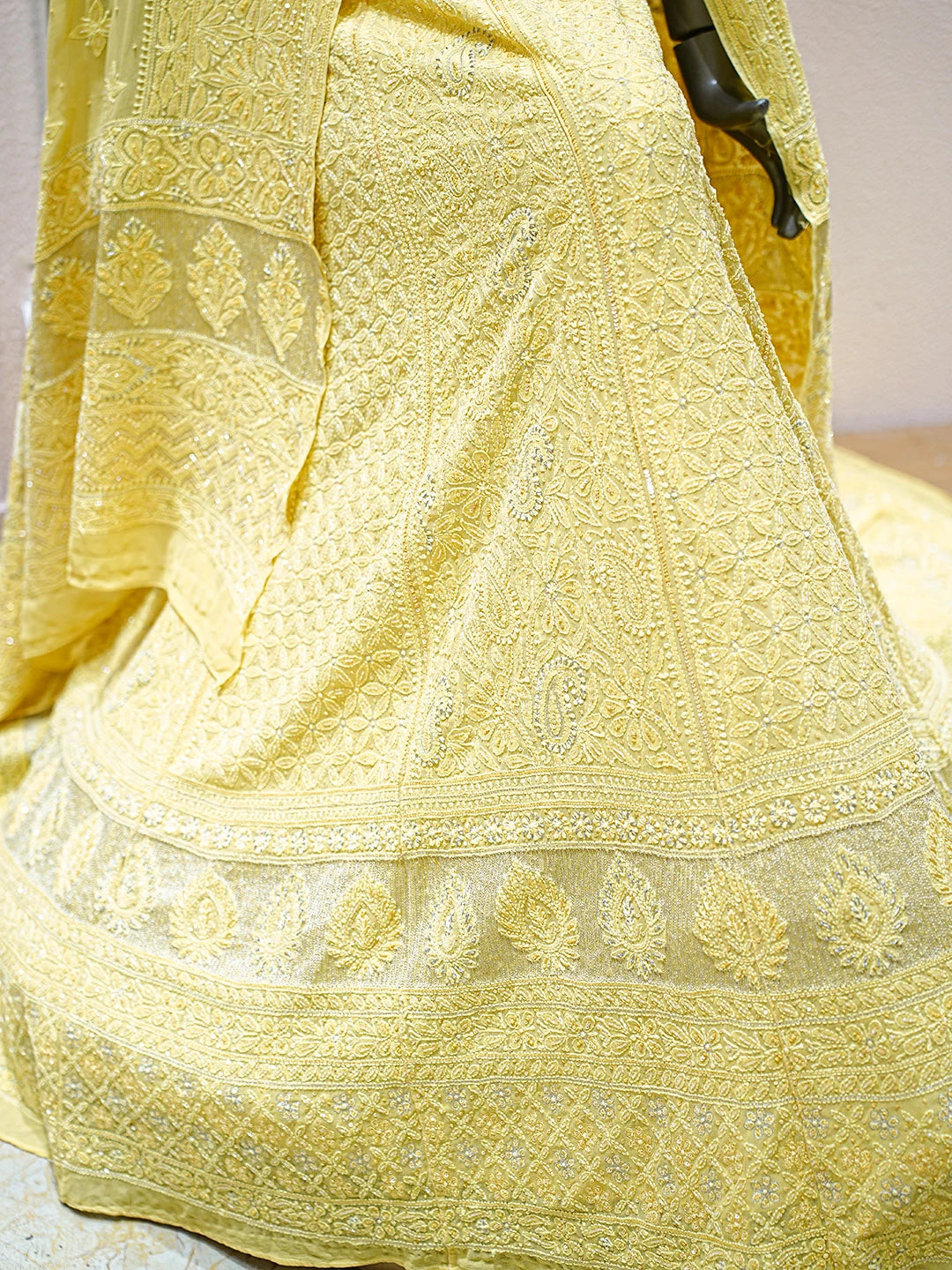 Ada Hand Embroidered Golden Pollen Yellow Pure Georgette Lucknowi Chikankari Semi-Stitched Lehenga Set With Sequinned Work 01A858873