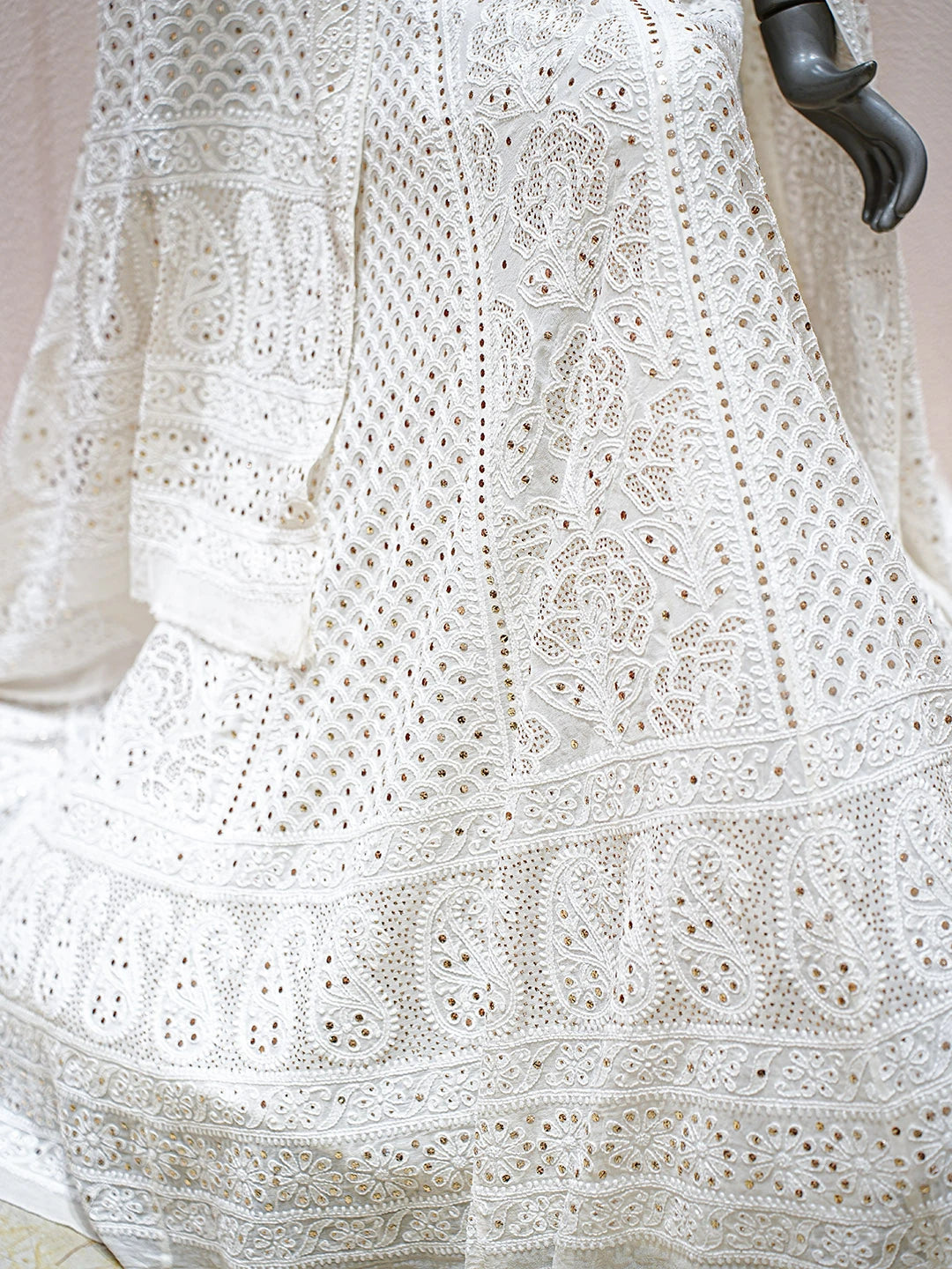 Ada Hand Embroidered White Ivory Cream Pure Georgette Lucknowi Chikankari Semi-Stitched Lehenga Set With Muqaish Work 01A883643