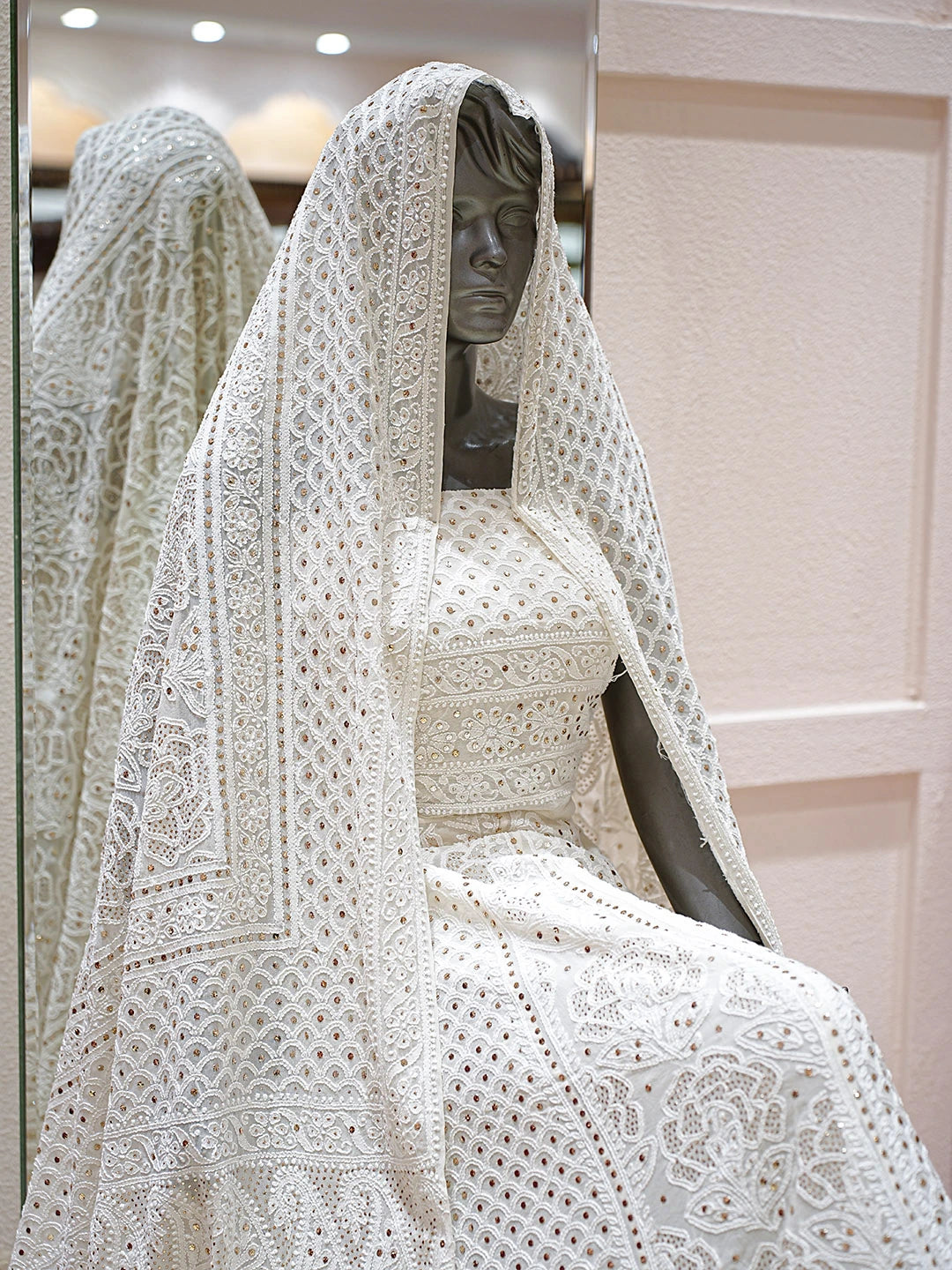 Ada Hand Embroidered White Ivory Cream Pure Georgette Lucknowi Chikankari Semi-Stitched Lehenga Set With Muqaish Work 01A883643