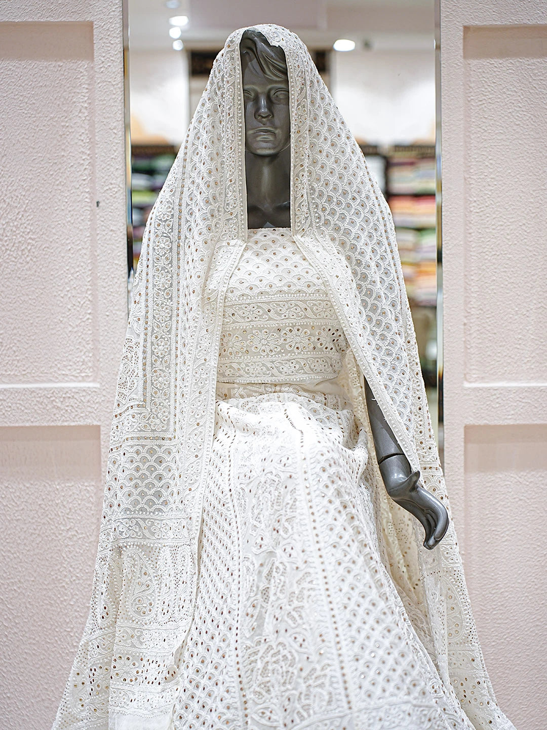 Ada Hand Embroidered White Ivory Cream Pure Georgette Lucknowi Chikankari Semi-Stitched Lehenga Set With Muqaish Work 01A883643