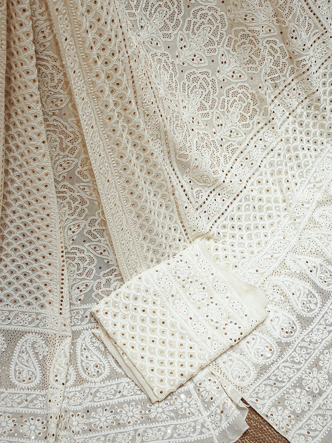 Ada Hand Embroidered White Ivory Cream Pure Georgette Lucknowi Chikankari Semi-Stitched Lehenga Set With Muqaish Work 01A883643