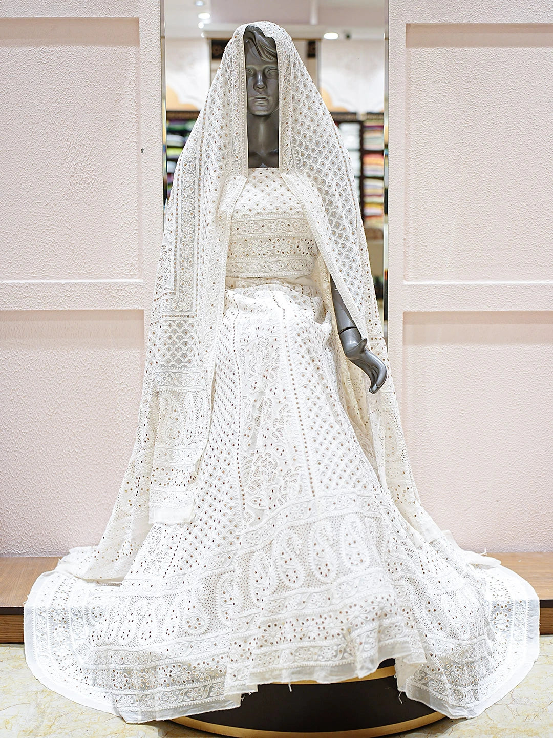 Ada Hand Embroidered White Ivory Cream Pure Georgette Lucknowi Chikankari Semi-Stitched Lehenga Set With Muqaish Work 01A883643