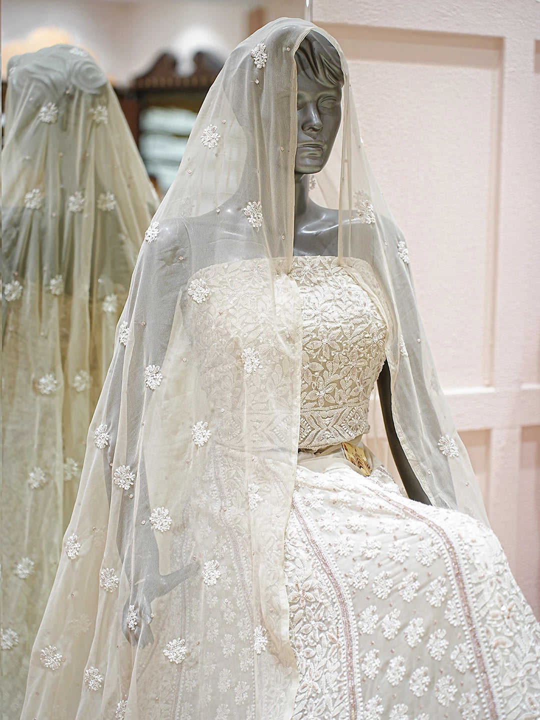 Ada Hand Embroidered Fawn Georgette Lucknowi Chikankari Lehenga Set With Pearl Work 01A896453