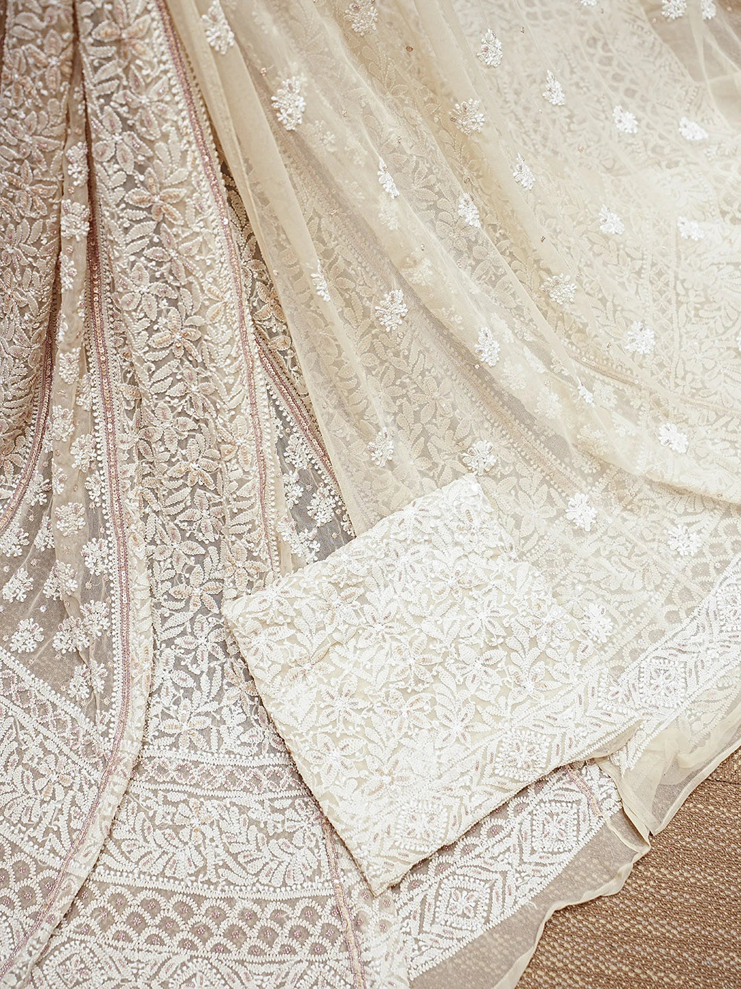 Ada Hand Embroidered Fawn Georgette Lucknowi Chikankari Lehenga Set With Pearl Work 01A896453