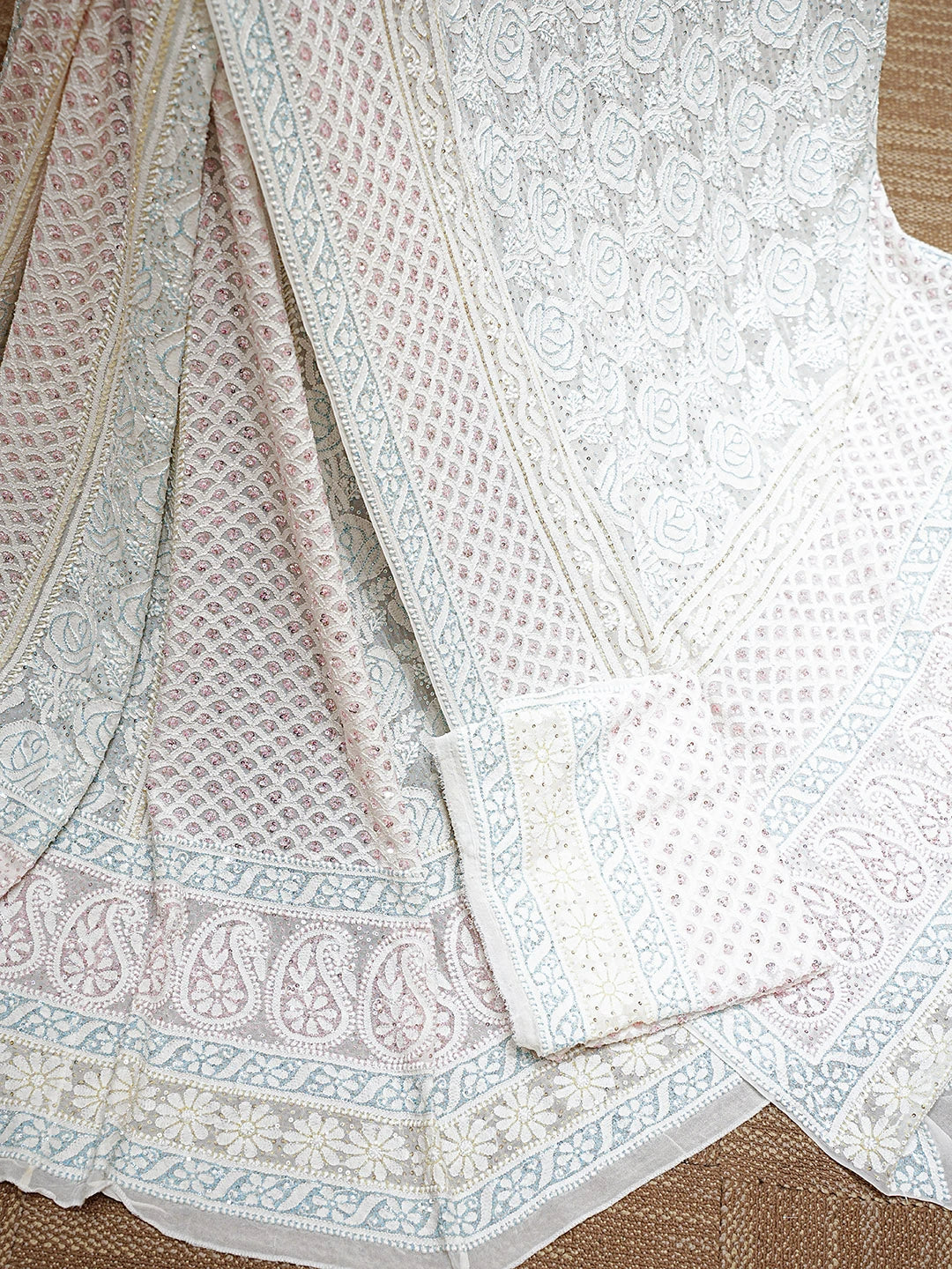 Ada Hand Embroidered Off White Pure Georgette Lucknowi Chikankari Lehenga Set With Sequinned Work 01A881564