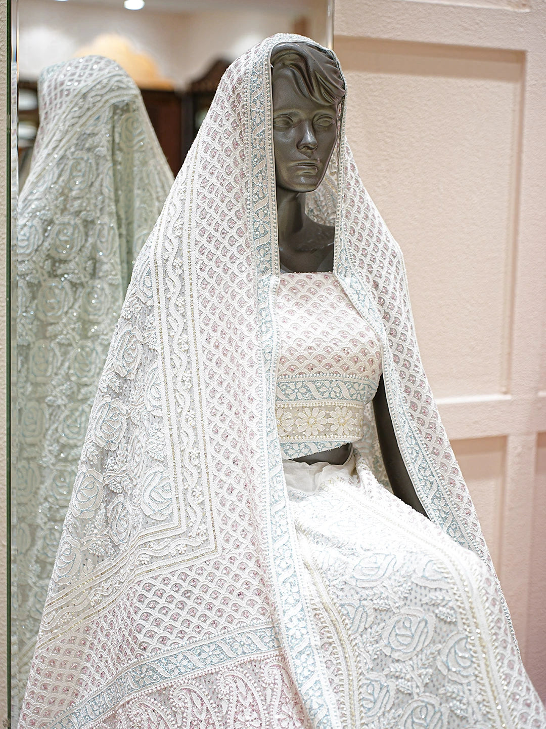 Ada Hand Embroidered Off White Pure Georgette Lucknowi Chikankari Lehenga Set With Sequinned Work 01A881564