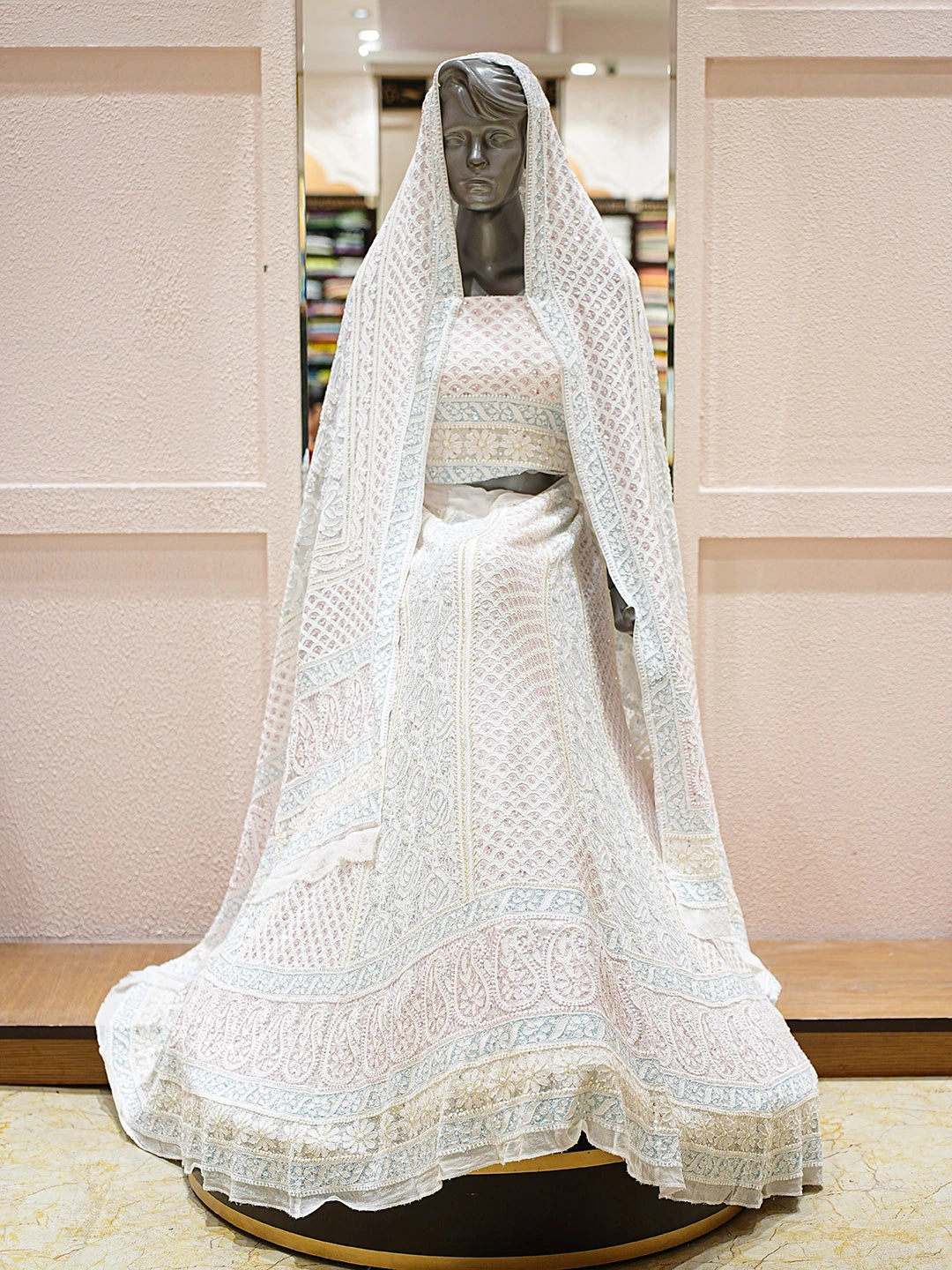 Ada Hand Embroidered Off White Pure Georgette Lucknowi Chikankari Lehenga Set With Sequinned Work 01A881564