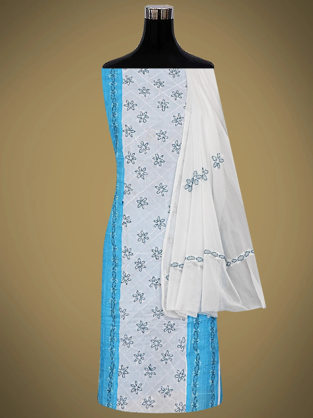 Ada Hand Embroidered Blue Cotton Lucknowi Chikankari Unstitched Suit Piece with Chiffon Dupatta 01A883317