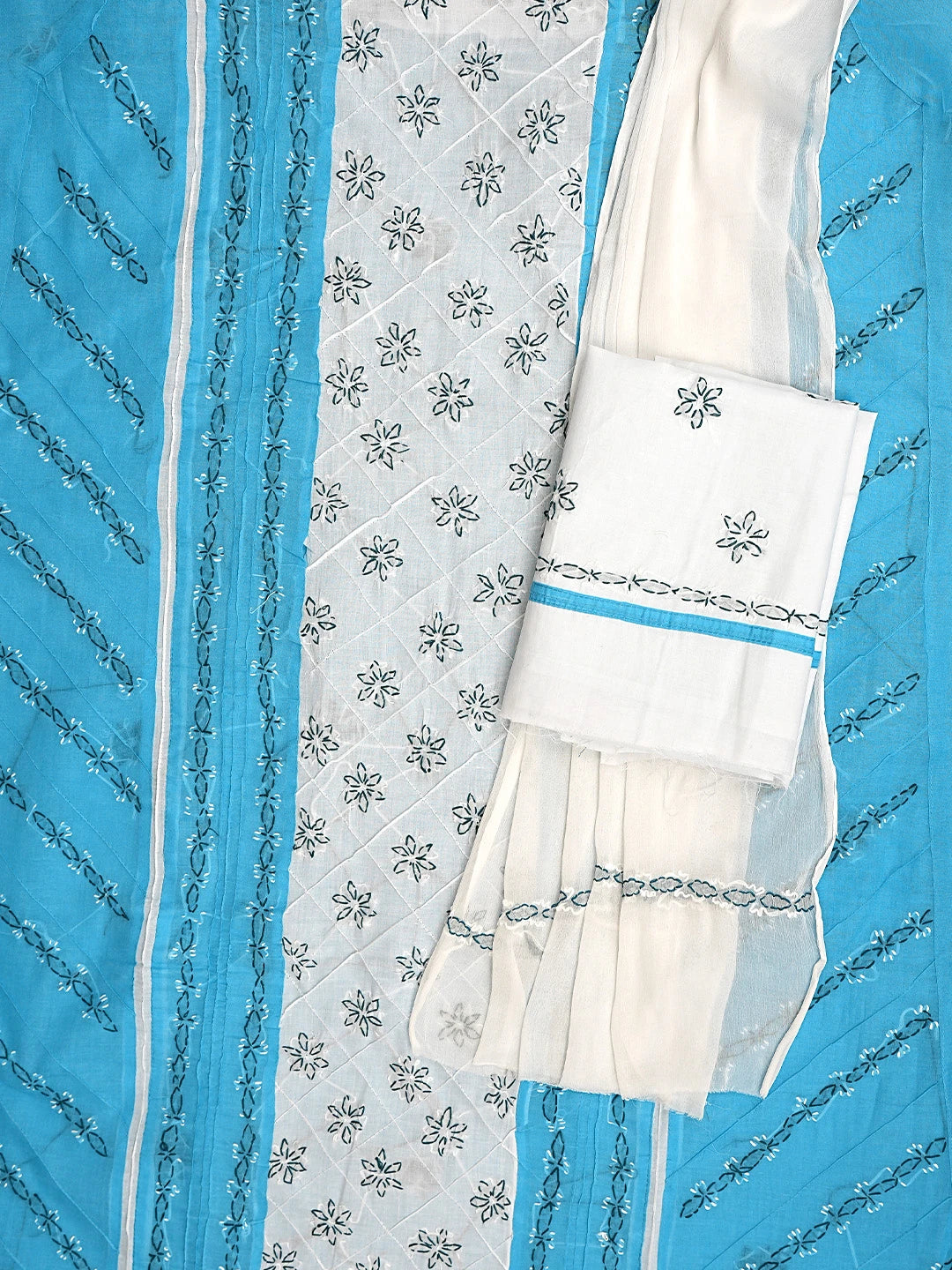 Ada Hand Embroidered Blue Cotton Lucknowi Chikankari Unstitched Suit Piece with Chiffon Dupatta 01A883317