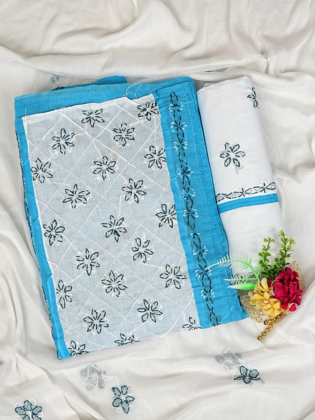 Ada Hand Embroidered Blue Cotton Lucknowi Chikankari Unstitched Suit Piece with Chiffon Dupatta 01A883317