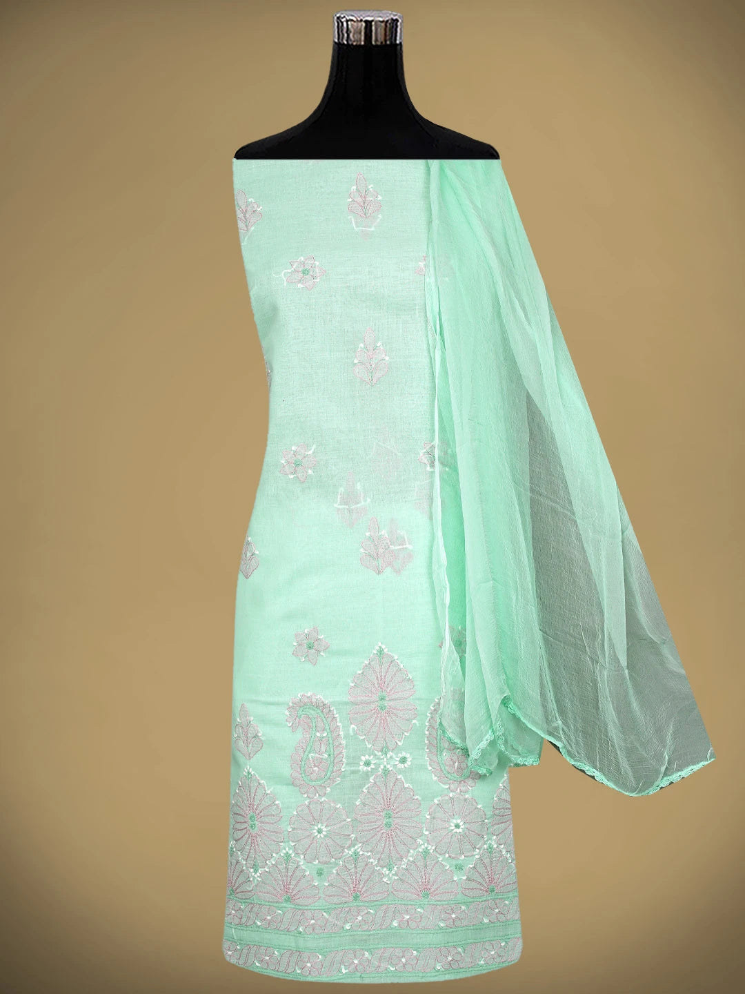 Ada Hand Embroidered Sea Green Cotton Lucknowi Chikankari Unstitched Suit Piece  with Chiffon Dupatta 01A879352
