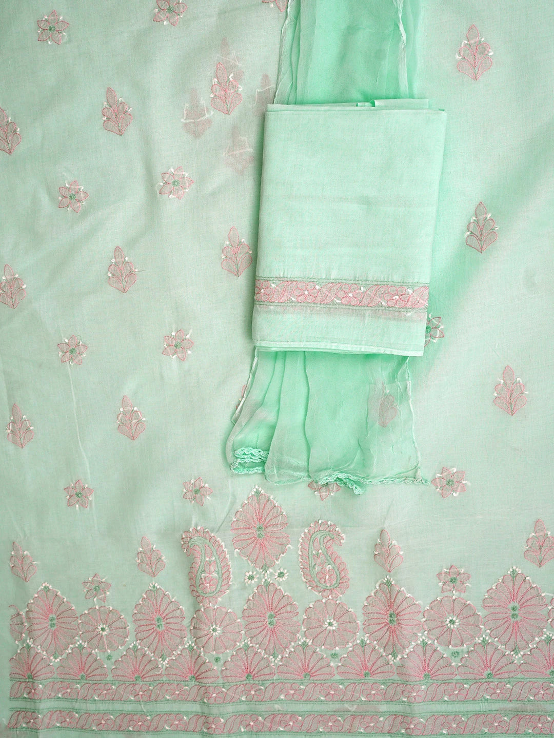 Ada Hand Embroidered Sea Green Cotton Lucknowi Chikankari Unstitched Suit Piece  with Chiffon Dupatta 01A879352