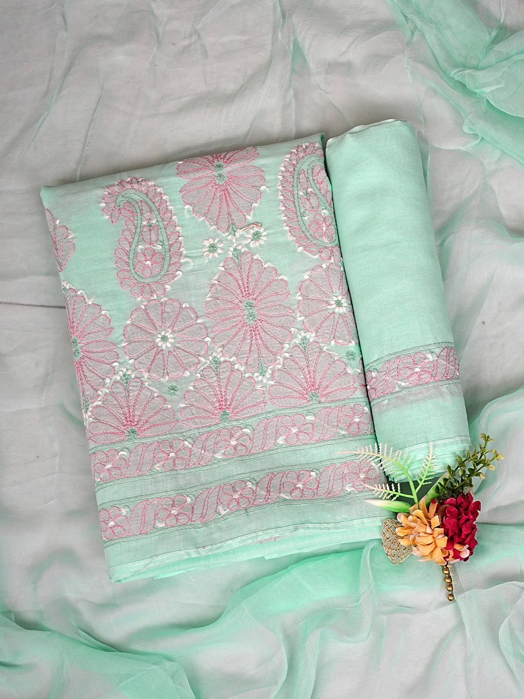 Ada Hand Embroidered Sea Green Cotton Lucknowi Chikankari Unstitched Suit Piece  with Chiffon Dupatta 01A879352