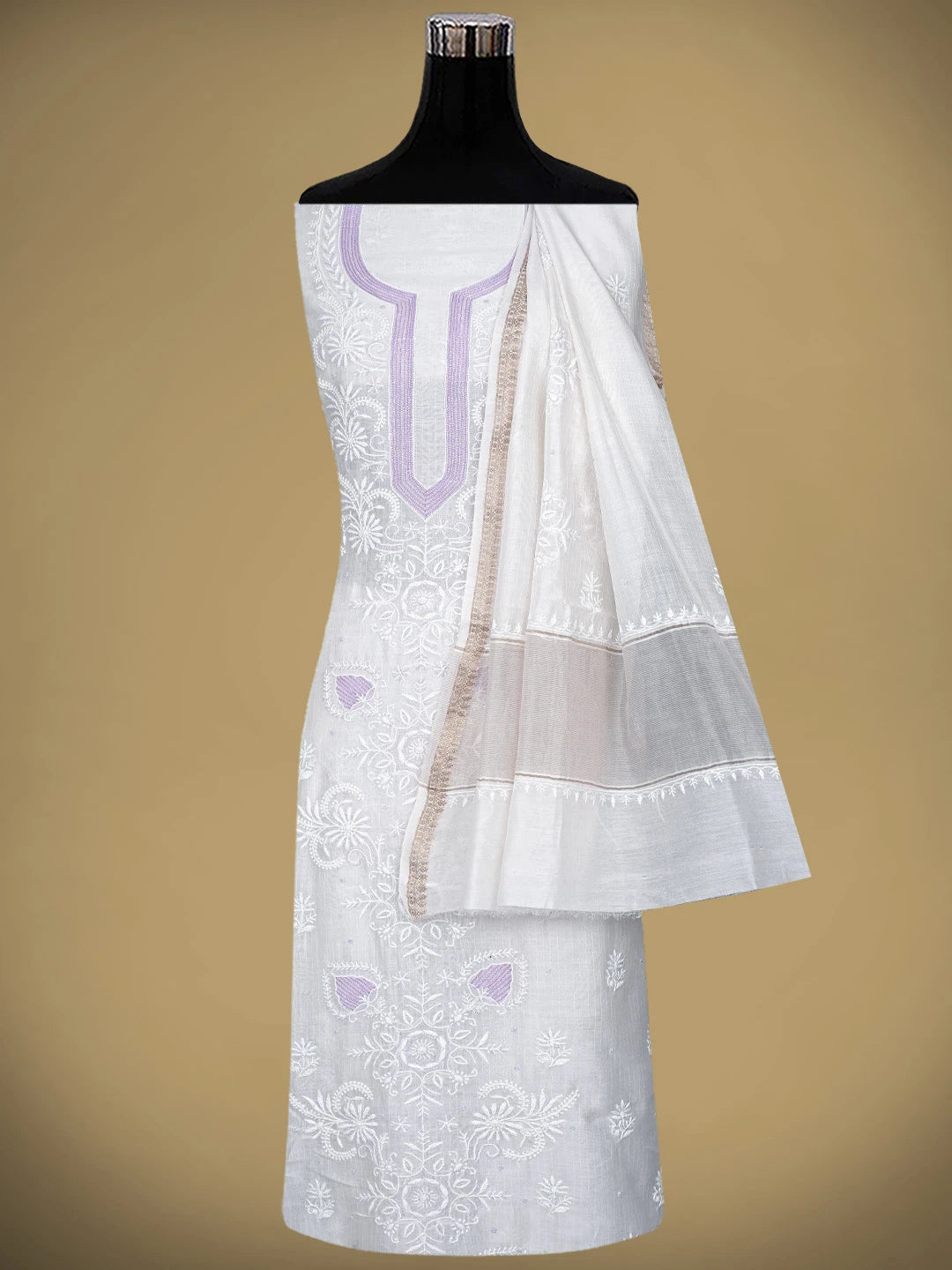 Ada Hand Embroidered White Chanderi Lucknowi Chikankari Unstitched Kurta Dupatta Set with Cutdana Work 01A897599