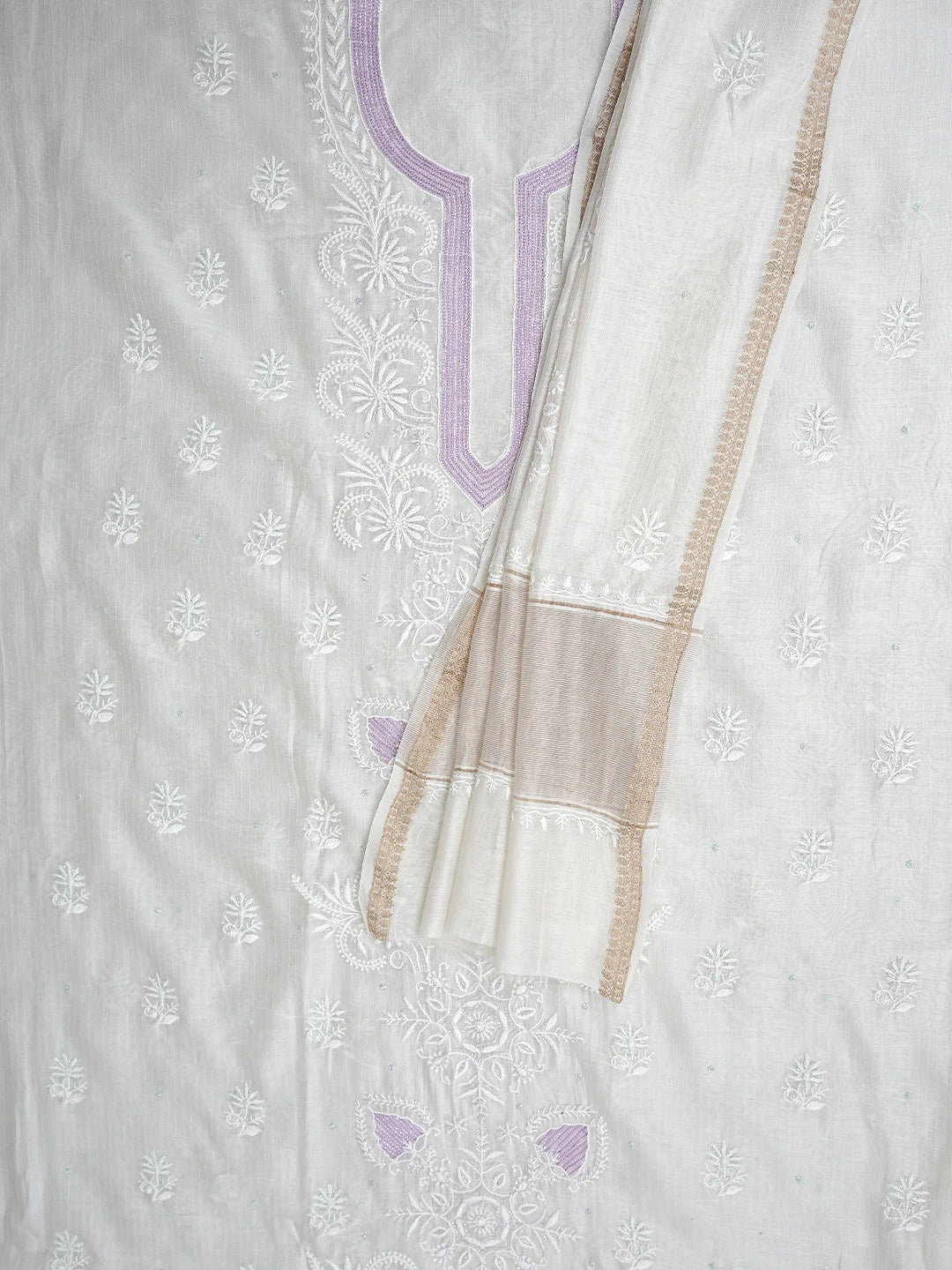 Ada Hand Embroidered White Chanderi Lucknowi Chikankari Unstitched Kurta Dupatta Set with Cutdana Work 01A897599