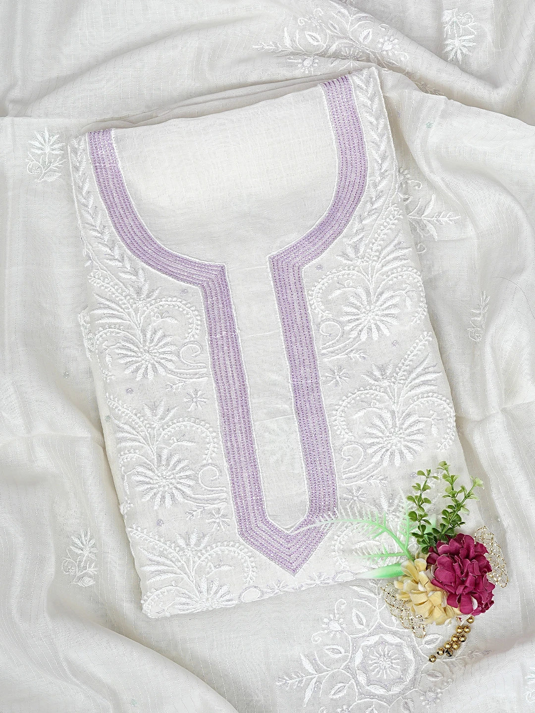 Ada Hand Embroidered White Chanderi Lucknowi Chikankari Unstitched Kurta Dupatta Set with Cutdana Work 01A897599