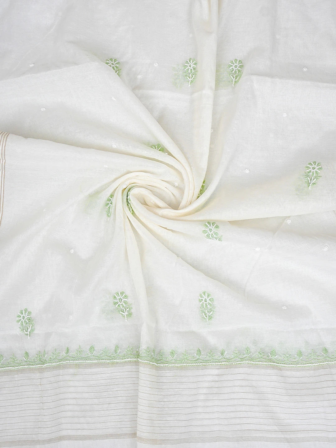 Ada Hand Embroidered White Old Lace Chanderi Lucknowi Chikankari Unstitched Kurta Dupatta Set With Pearl Work 01A890136