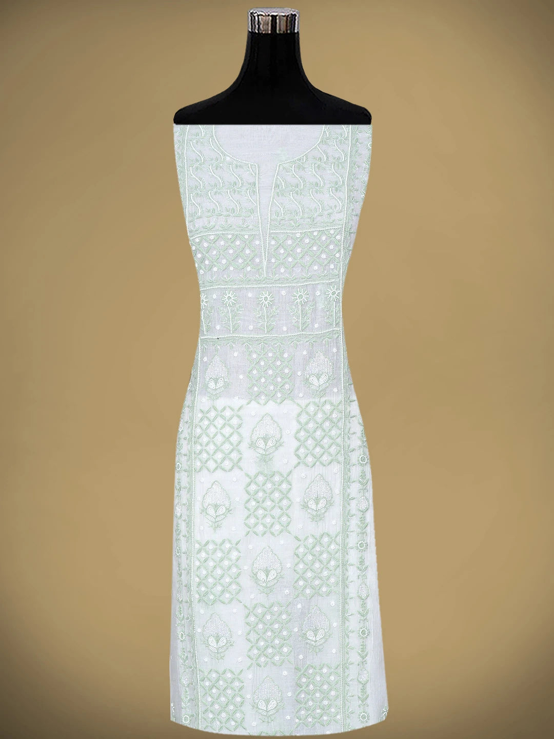 Ada Hand Embroidered White Old Lace Chanderi Lucknowi Chikankari Unstitched Kurta Dupatta Set With Pearl Work 01A890136