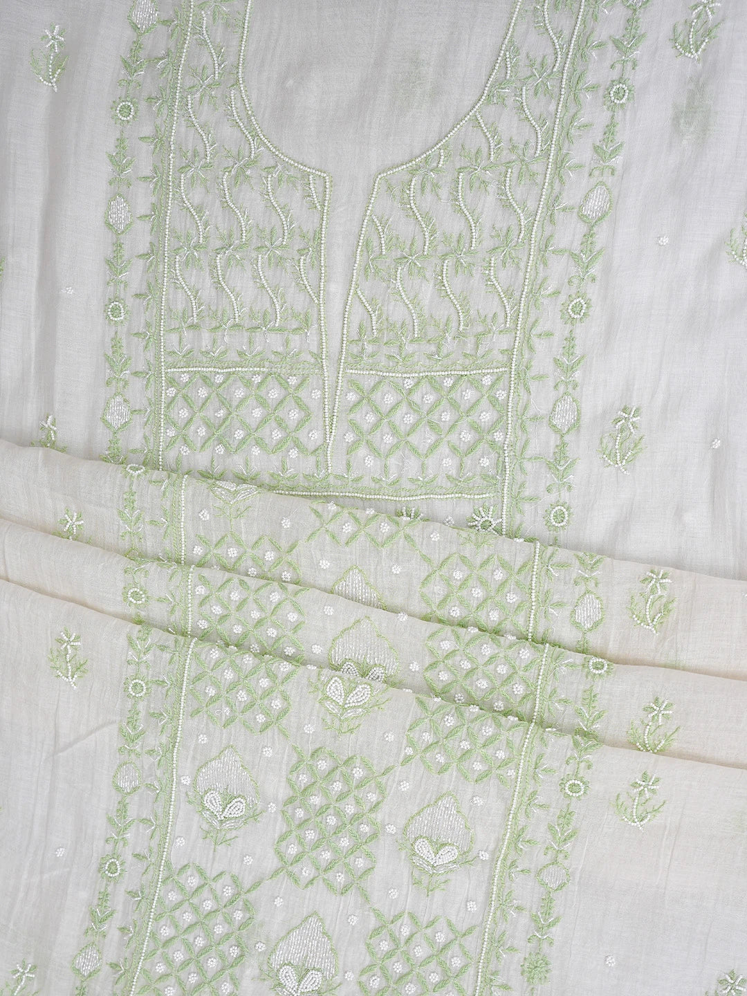 Ada Hand Embroidered White Old Lace Chanderi Lucknowi Chikankari Unstitched Kurta Dupatta Set With Pearl Work 01A890136