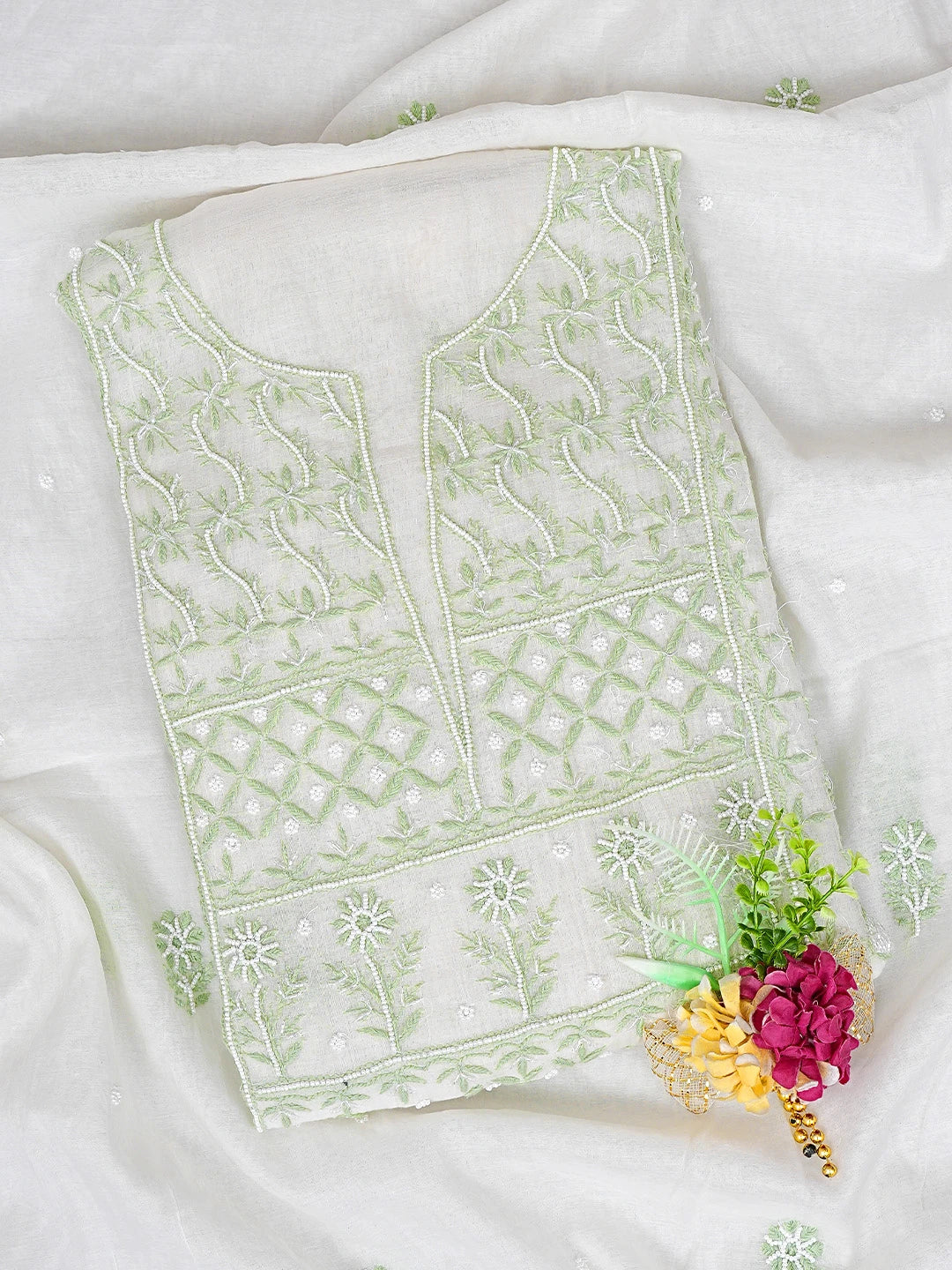 Ada Hand Embroidered White Old Lace Chanderi Lucknowi Chikankari Unstitched Kurta Dupatta Set With Pearl Work 01A890136