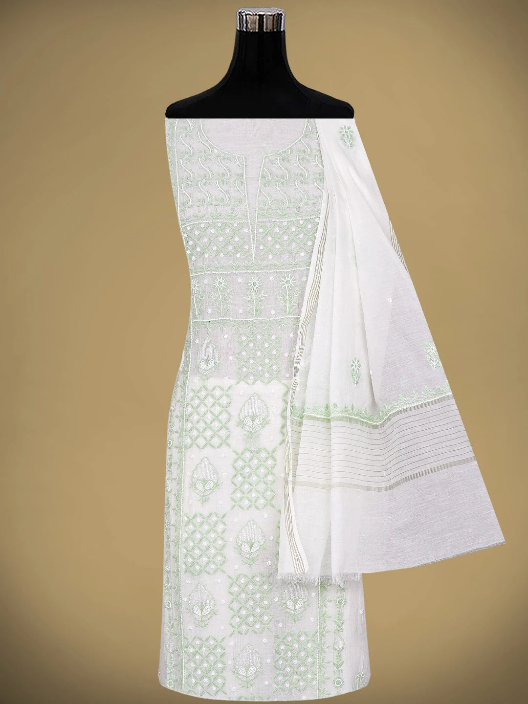 Ada Hand Embroidered White Old Lace Chanderi Lucknowi Chikankari Unstitched Kurta Dupatta Set With Pearl Work 01A890136