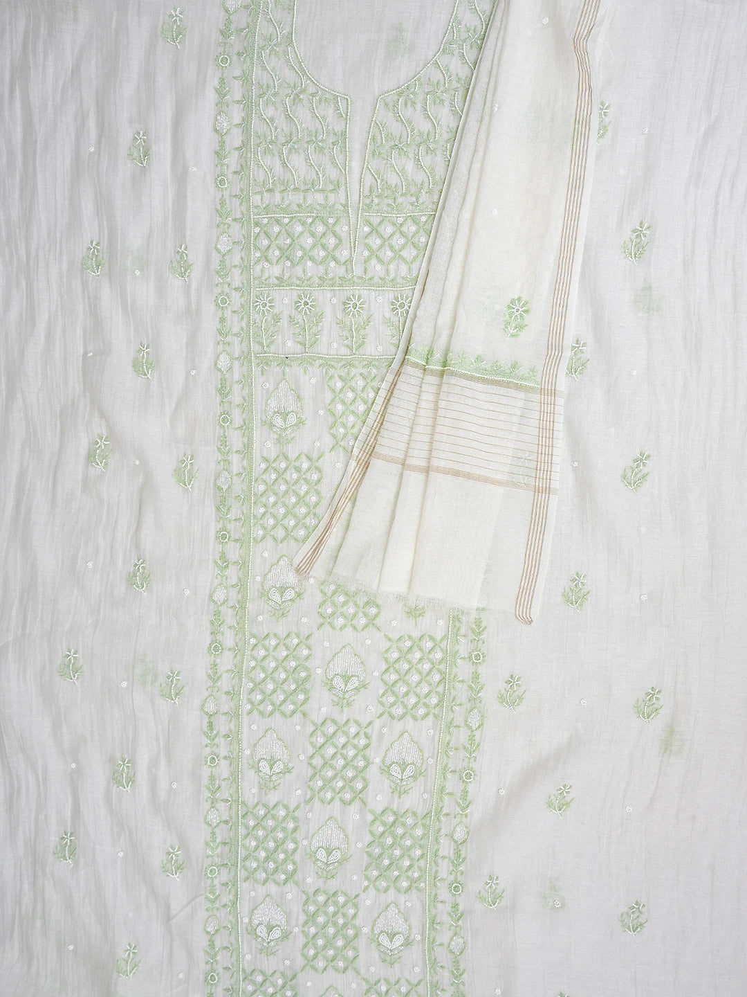 Ada Hand Embroidered White Old Lace Chanderi Lucknowi Chikankari Unstitched Kurta Dupatta Set With Pearl Work 01A890136