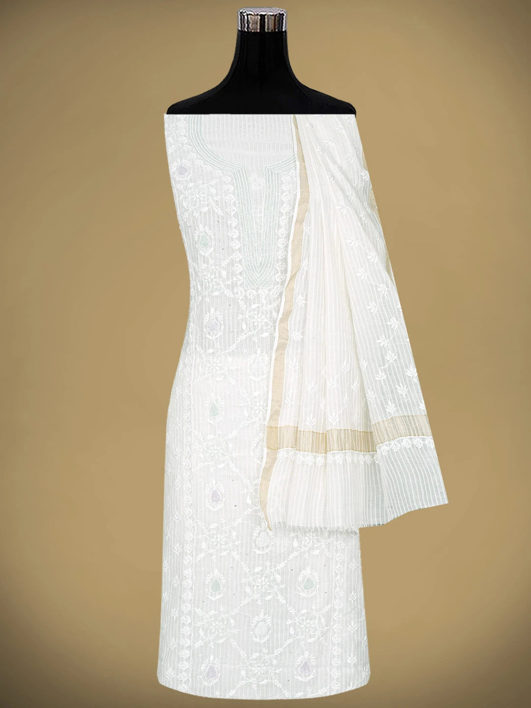Ada Hand Embroidered White Chanderi Lucknowi Chikankari Unstitched Kurta Dupatta Set with Cutdana Work 01A897553