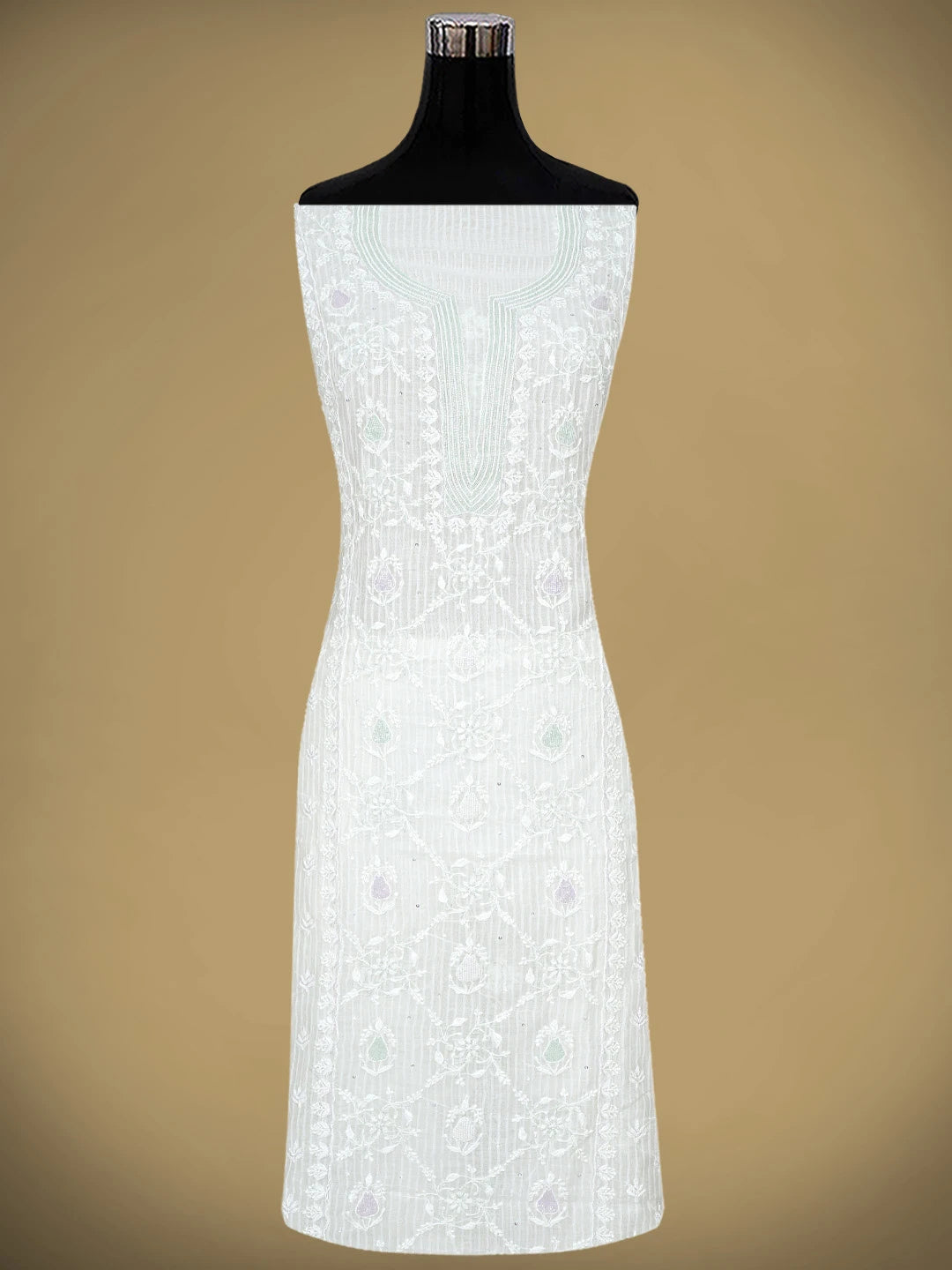 Ada Hand Embroidered White Chanderi Lucknowi Chikankari Unstitched Kurta Dupatta Set with Cutdana Work 01A897553