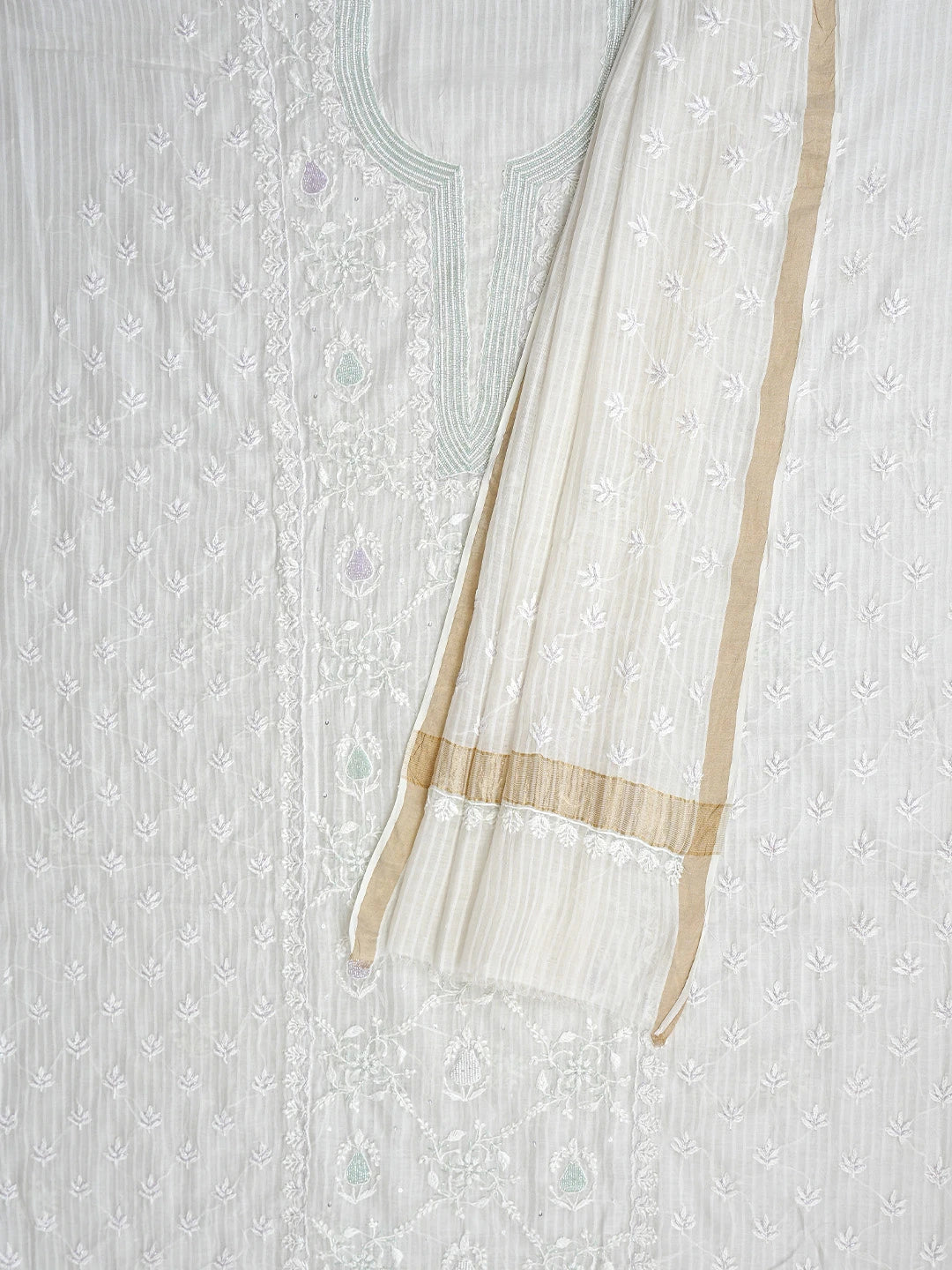 Ada Hand Embroidered White Chanderi Lucknowi Chikankari Unstitched Kurta Dupatta Set with Cutdana Work 01A897553
