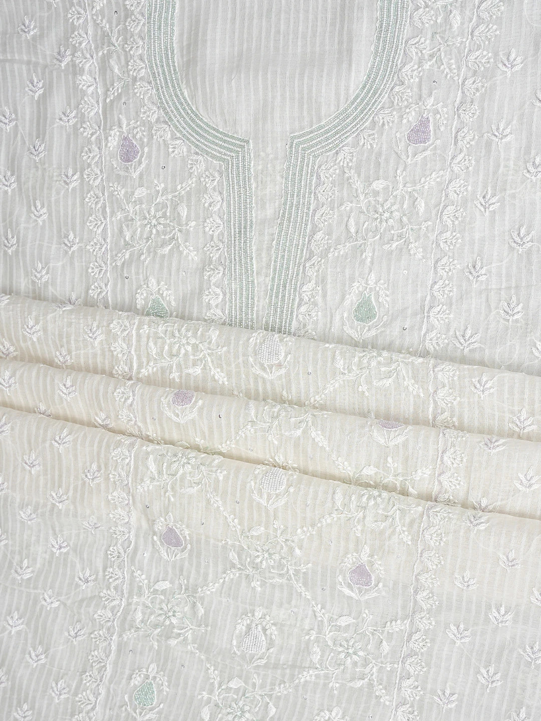 Ada Hand Embroidered White Chanderi Lucknowi Chikankari Unstitched Kurta Dupatta Set with Cutdana Work 01A897553