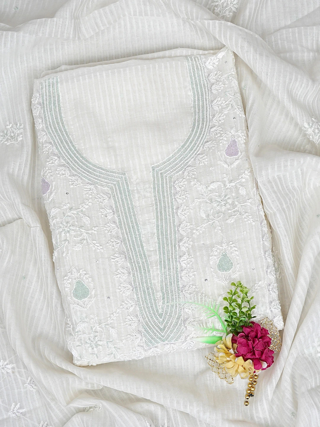 Ada Hand Embroidered White Chanderi Lucknowi Chikankari Unstitched Kurta Dupatta Set with Cutdana Work 01A897553