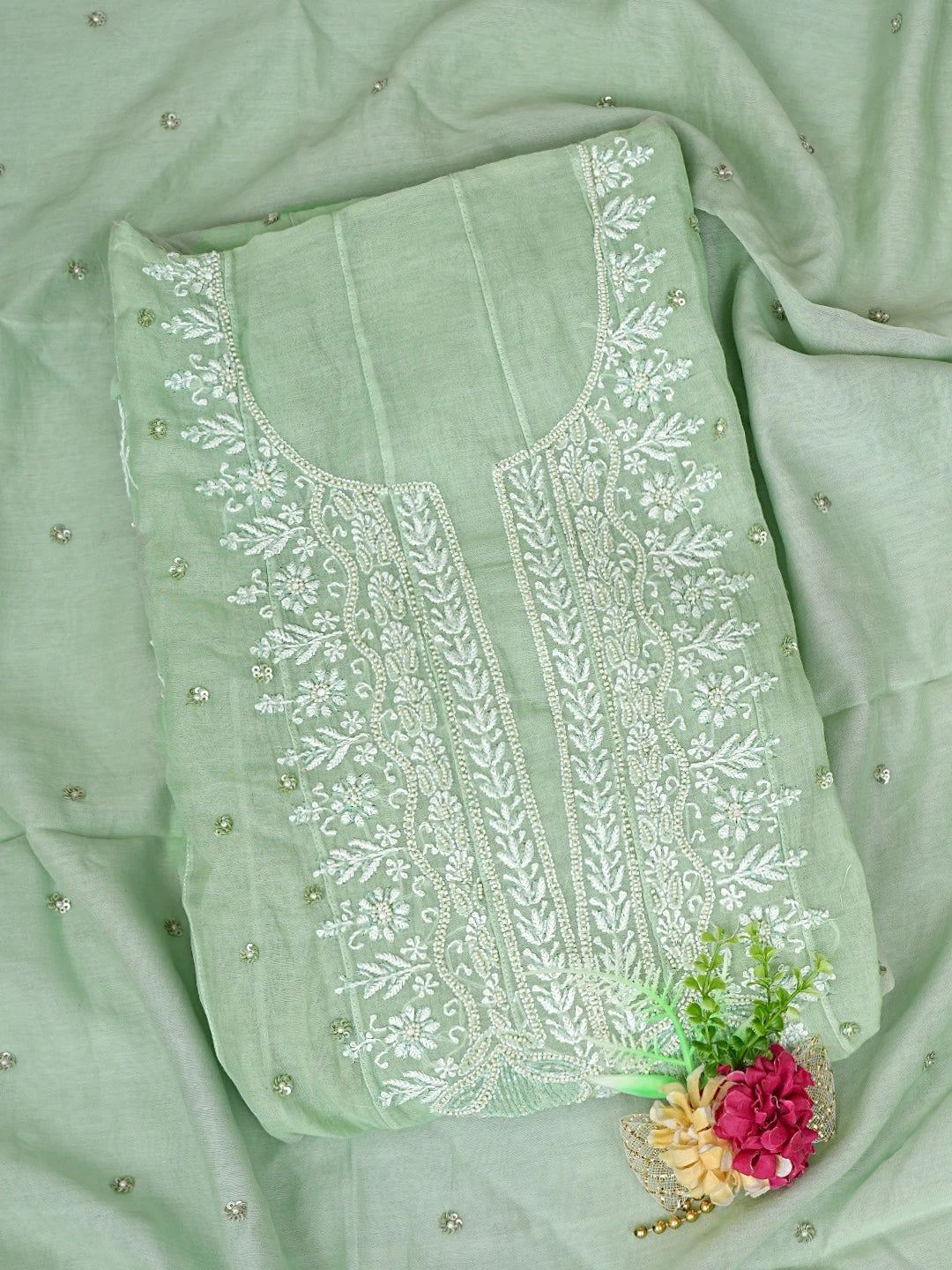 Ada Hand Embroidered Celadon Green Chanderi Lucknowi Chikankari Semi-Stitched Anarkali Kurta Dupatta Set With Pearl Work 01A879015