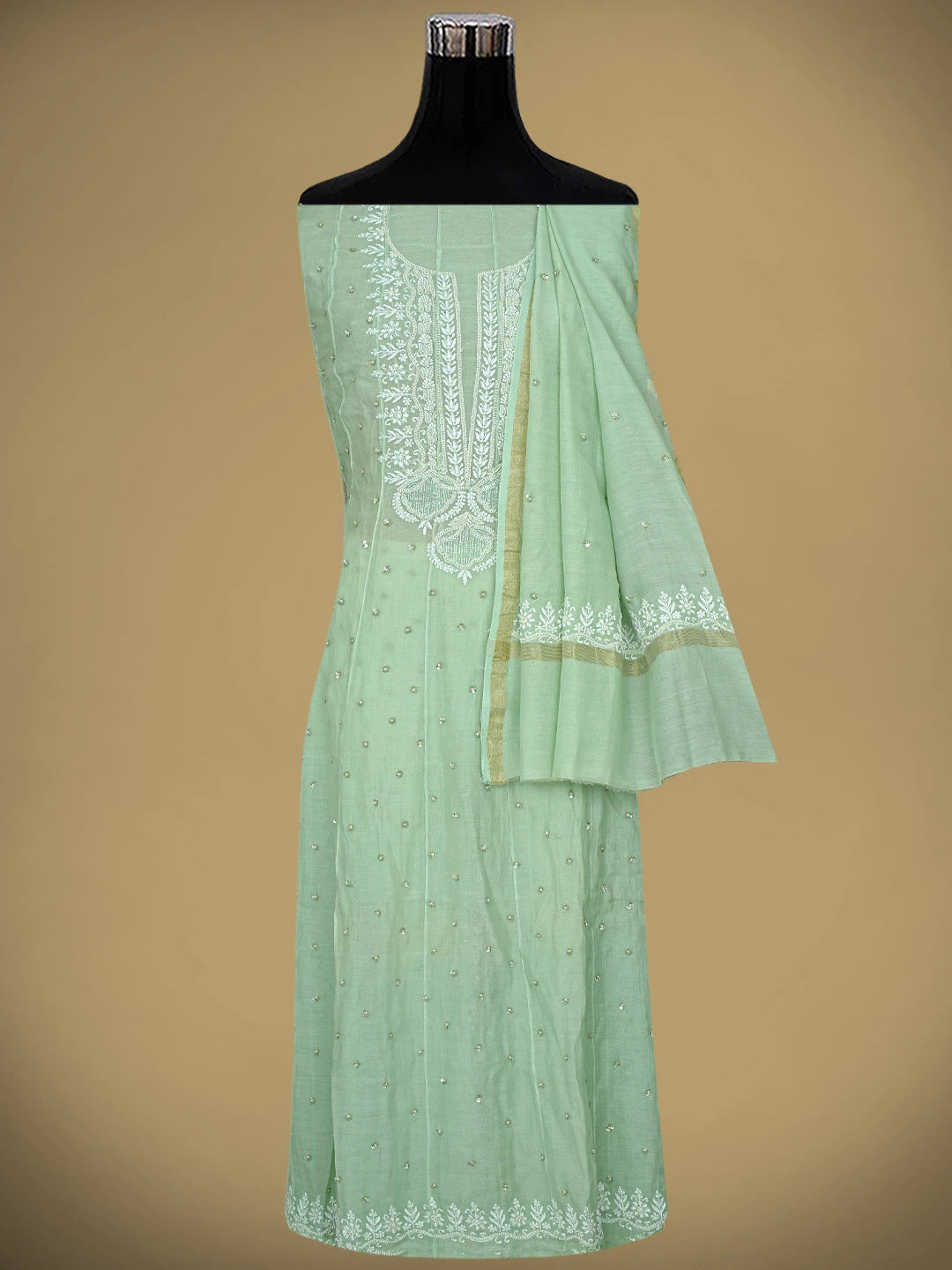 Ada Hand Embroidered Celadon Green Chanderi Lucknowi Chikankari Semi-Stitched Anarkali Kurta Dupatta Set With Pearl Work 01A879015