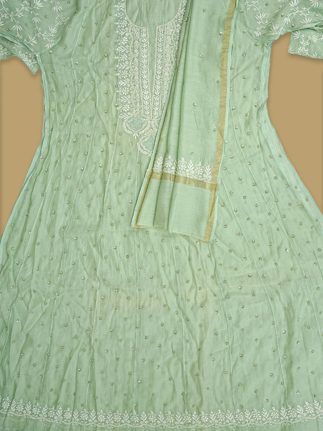 Ada Hand Embroidered Celadon Green Chanderi Lucknowi Chikankari Semi-Stitched Anarkali Kurta Dupatta Set With Pearl Work 01A879015