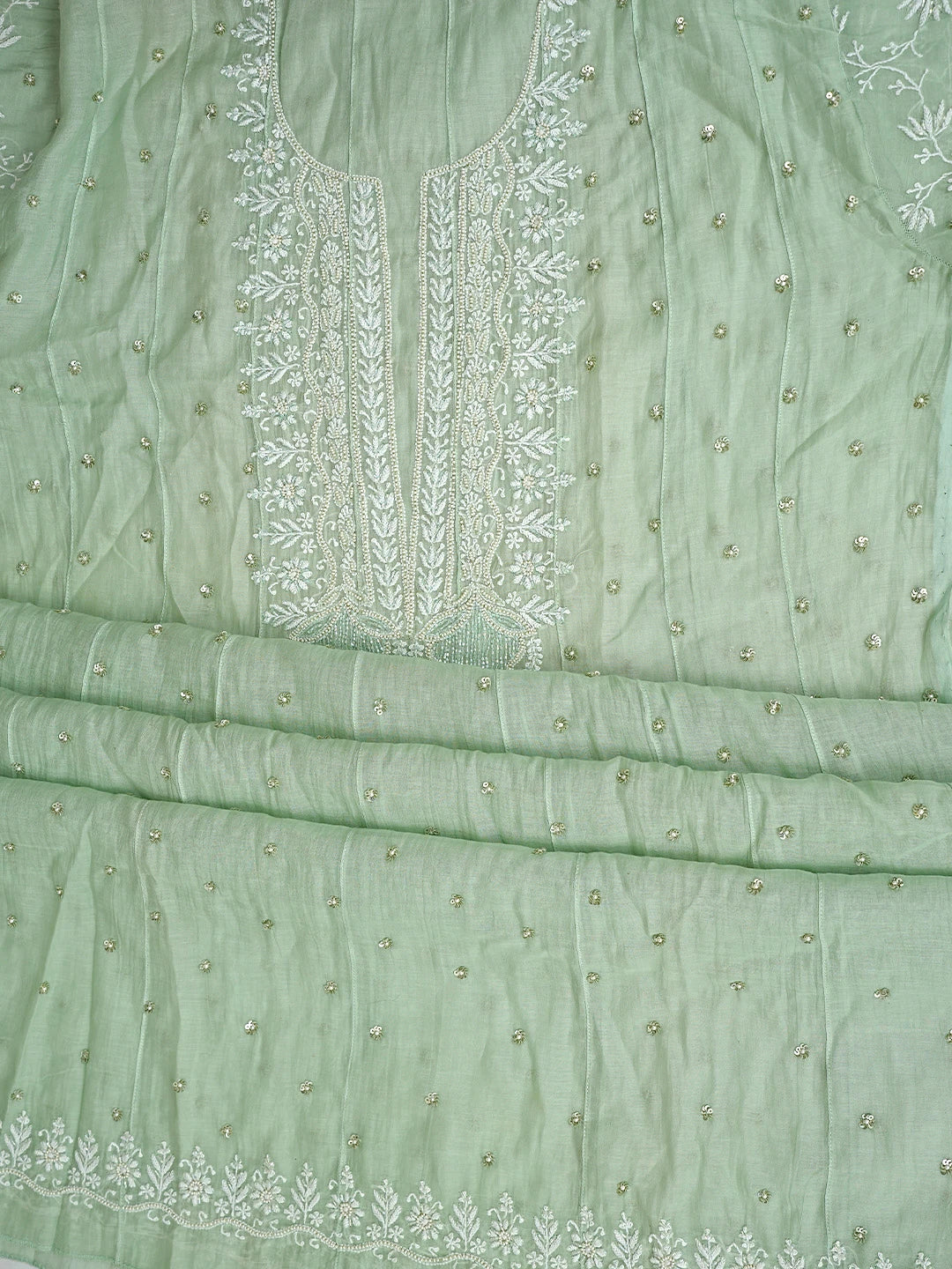 Ada Hand Embroidered Celadon Green Chanderi Lucknowi Chikankari Semi-Stitched Anarkali Kurta Dupatta Set With Pearl Work 01A879015