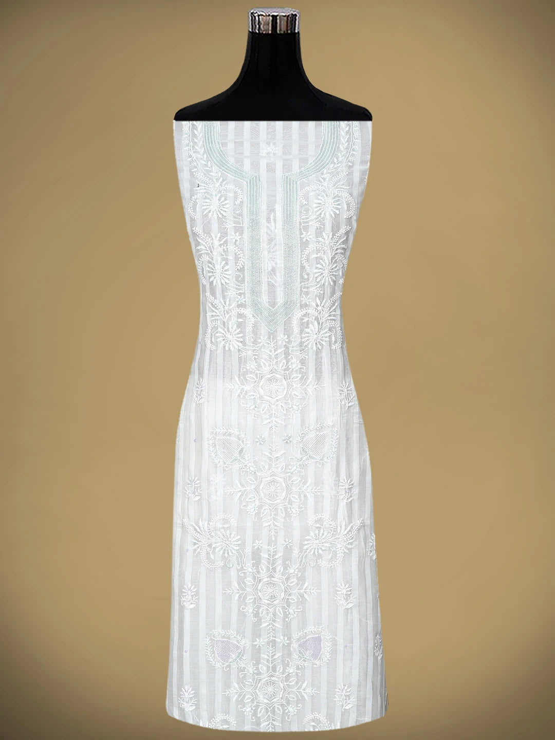 Ada Hand Embroidered White Chanderi Lucknowi Chikankari Unstitched Kurta Dupatta Set with Cutdana Work 01A897582