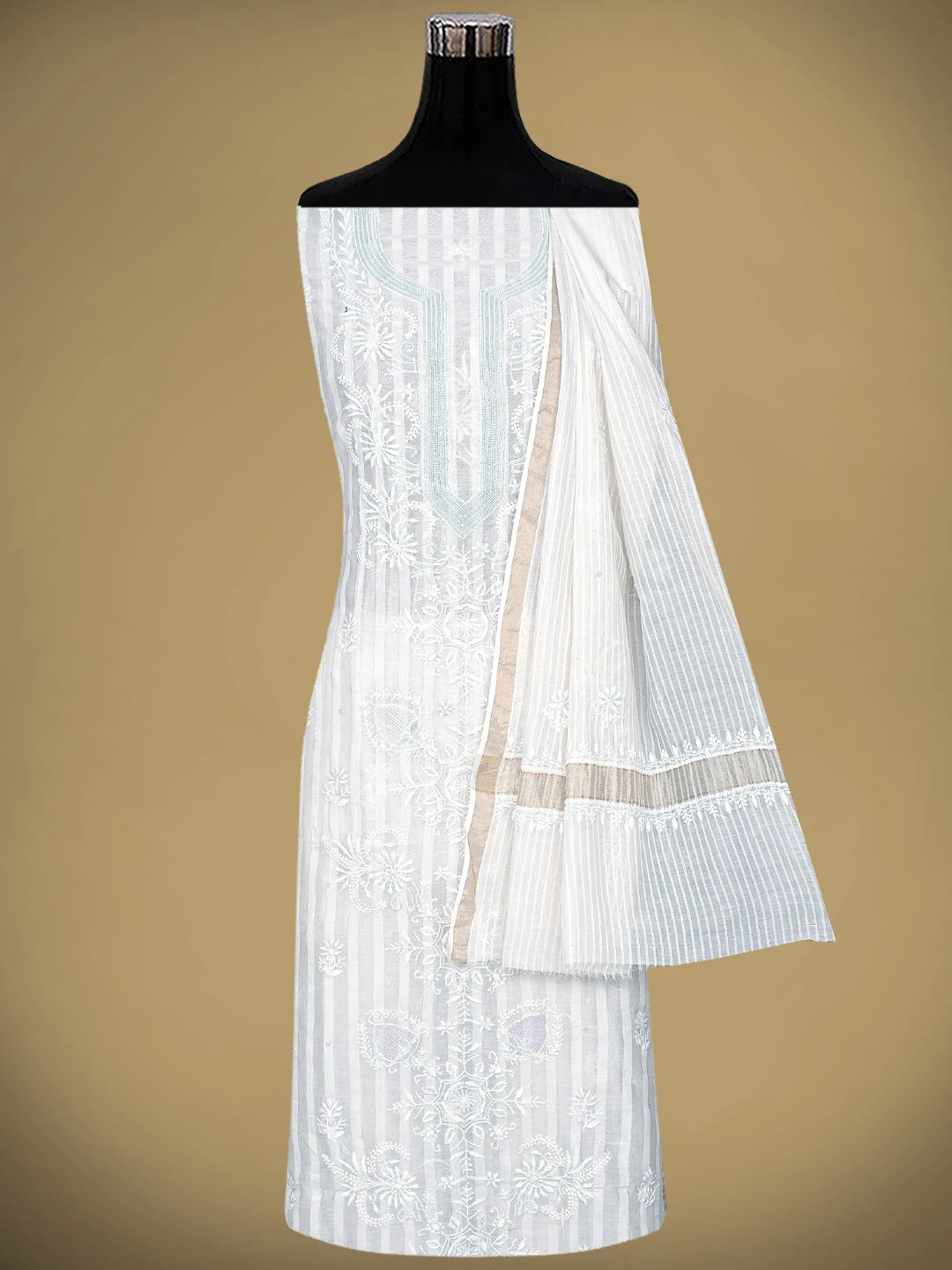 Ada Hand Embroidered White Chanderi Lucknowi Chikankari Unstitched Kurta Dupatta Set with Cutdana Work 01A897582