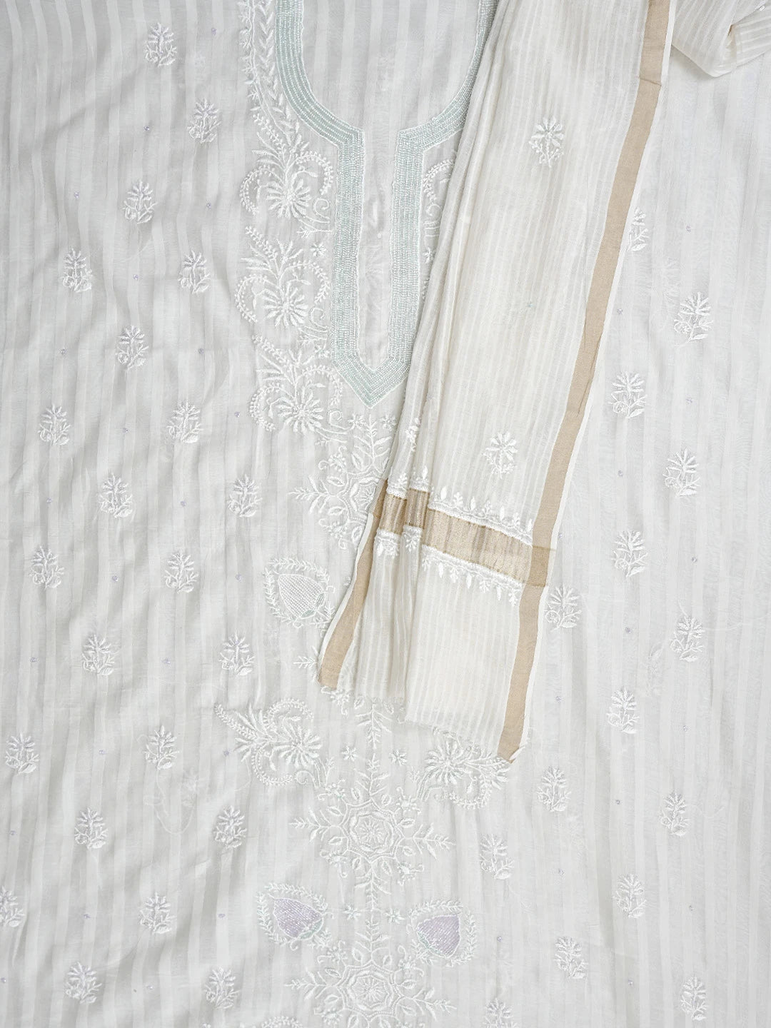 Ada Hand Embroidered White Chanderi Lucknowi Chikankari Unstitched Kurta Dupatta Set with Cutdana Work 01A897582