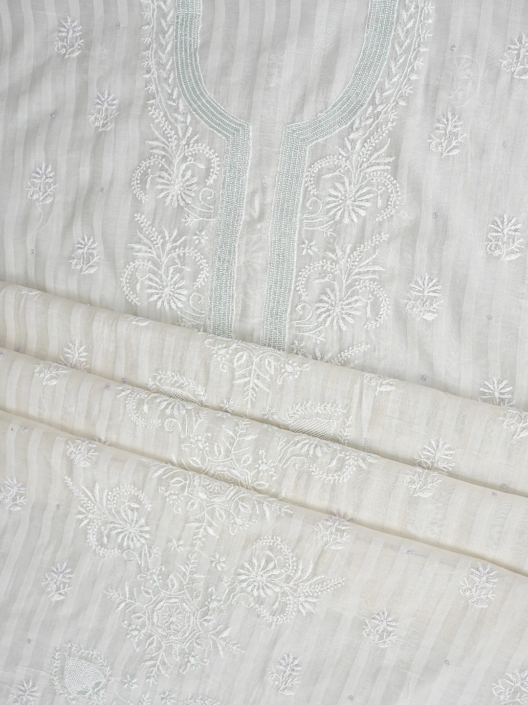 Ada Hand Embroidered White Chanderi Lucknowi Chikankari Unstitched Kurta Dupatta Set with Cutdana Work 01A897582
