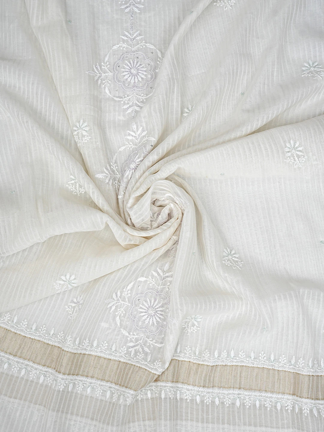 Ada Hand Embroidered White Chanderi Lucknowi Chikankari Unstitched Kurta Dupatta Set with Cutdana Work 01A897582