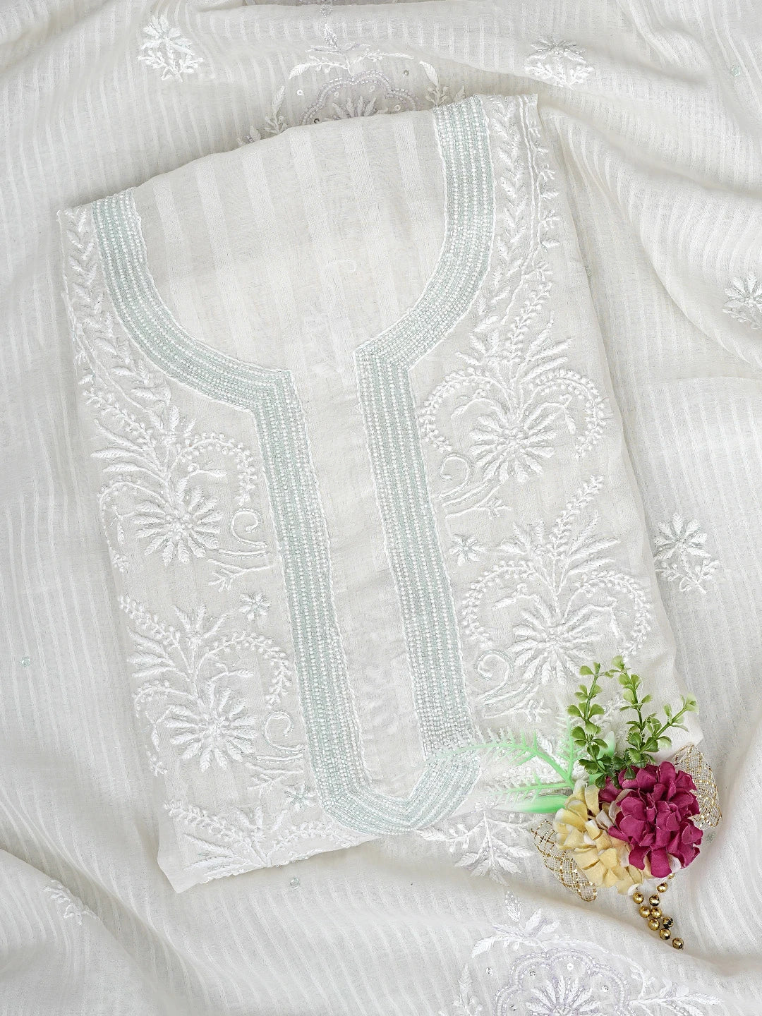 Ada Hand Embroidered White Chanderi Lucknowi Chikankari Unstitched Kurta Dupatta Set with Cutdana Work 01A897582