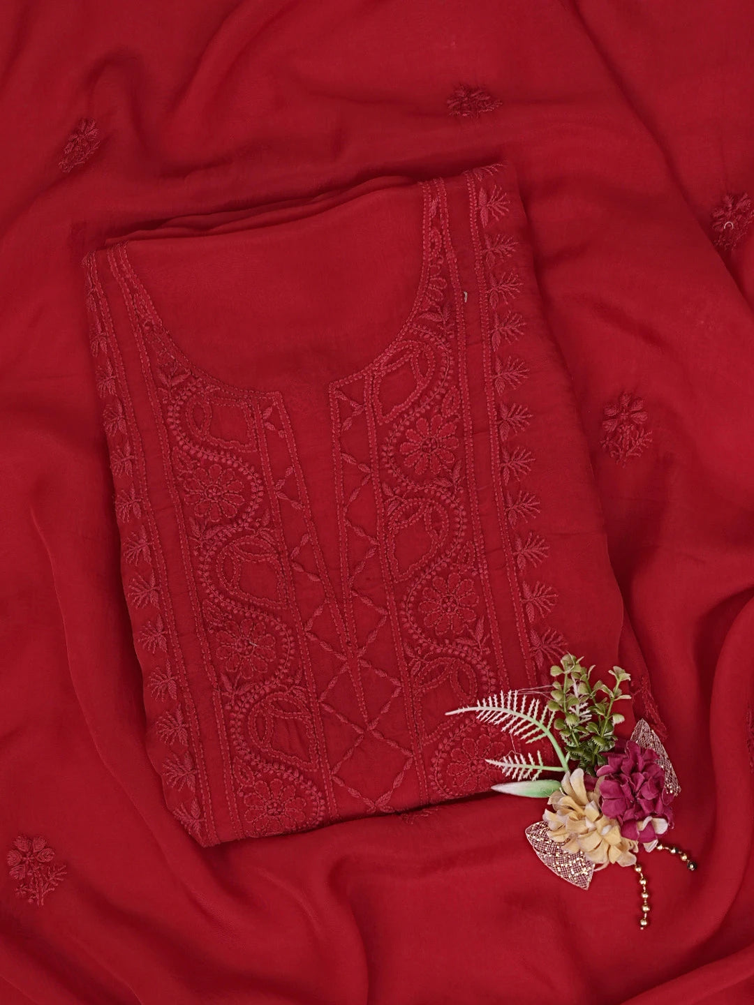 Ada Hand Embroidered Red Organza Lucknowi Chikankari Unstitched Kurta Dupatta Set 01A792738