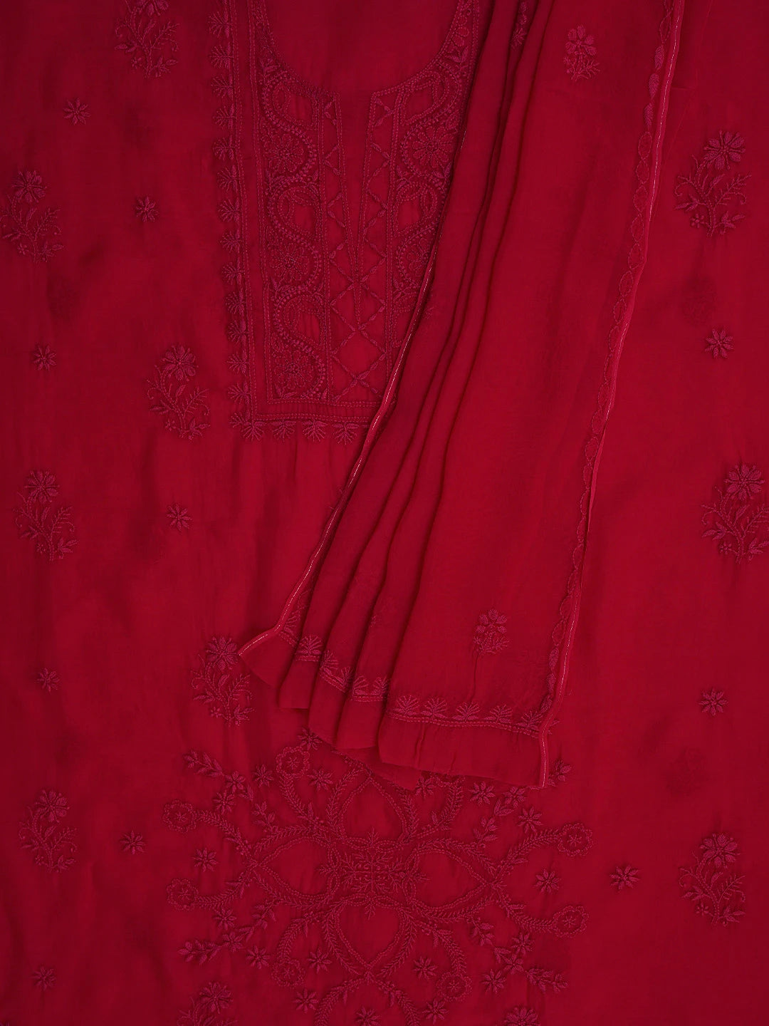 Ada Hand Embroidered Red Organza Lucknowi Chikankari Unstitched Kurta Dupatta Set 01A792738