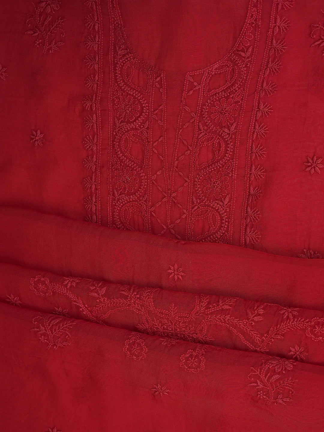 Ada Hand Embroidered Red Organza Lucknowi Chikankari Unstitched Kurta Dupatta Set 01A792738
